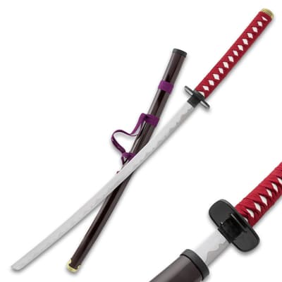 Katana with red handle and purple-wrapped scabbard