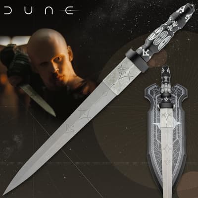 Decorative knife with intricate designs and a character in the background