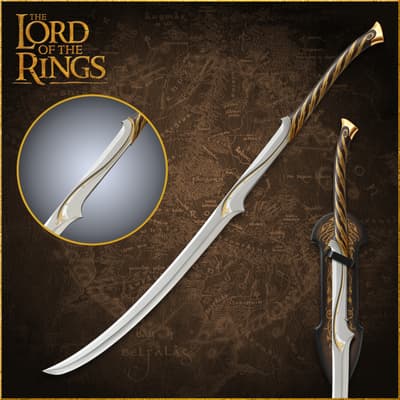 Curved sword with ornate handle on a map background