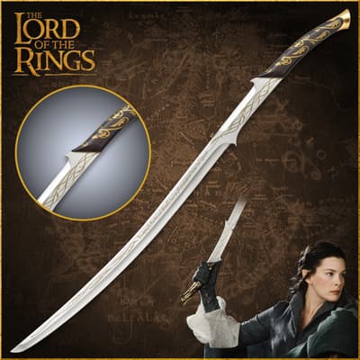 Sword with intricate design and character holding it