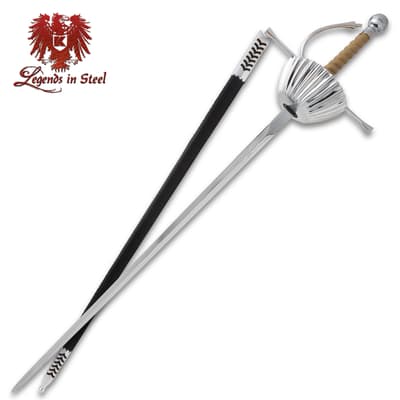 Silver rapier with black scabbard and ornate hilt