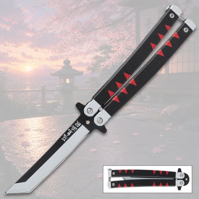 Butterfly knife with black handle and red accents, cherry blossom background