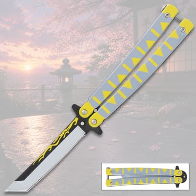 Butterfly knife with yellow and gray handle, scenic background
