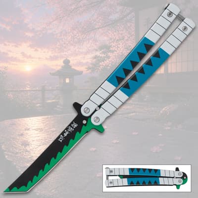 Butterfly knife with blue and green design on scenic background