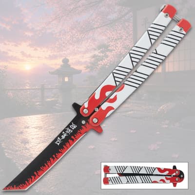 Butterfly knife with flame design on a scenic background