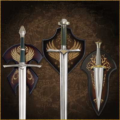 Three swords mounted on decorative plaques with map background