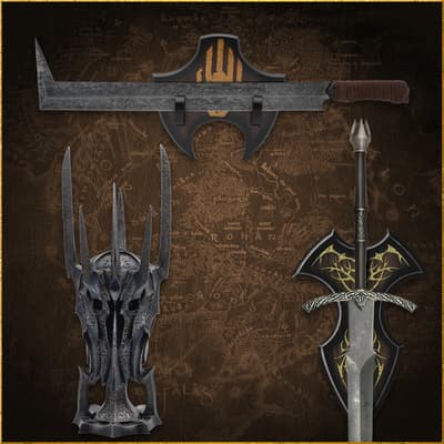 Helmets and swords displayed on a map background