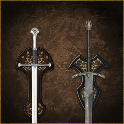 Two swords displayed on decorative plaques against a map background
