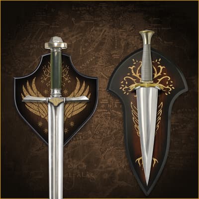 Swords displayed on decorative plaques with designs