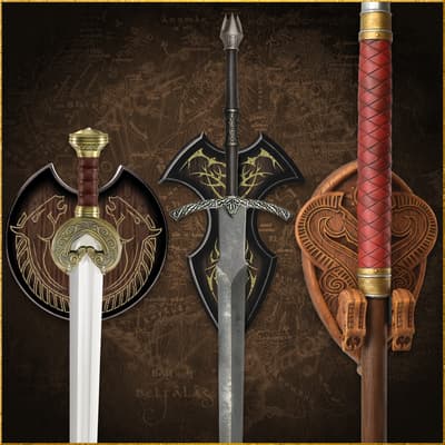 Three swords displayed on decorative plaques