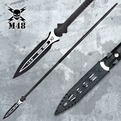 Black spear with silver blade and sheath on textured background
