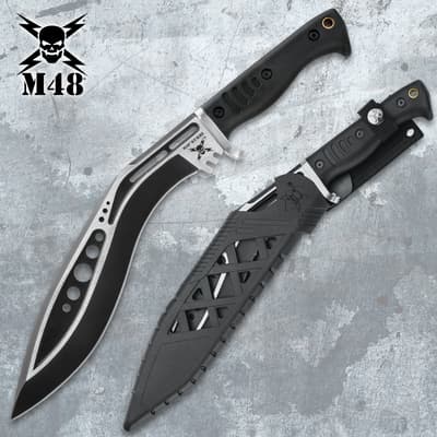 Two tactical knives, one with a sheath, on a textured background