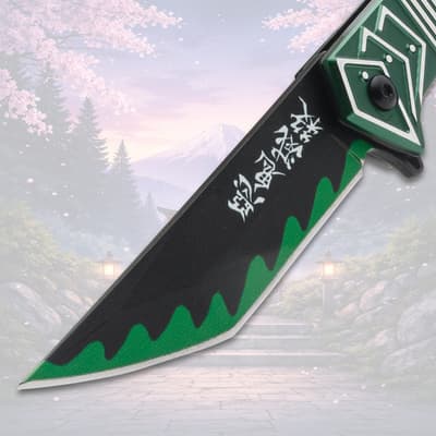 Close-up of knife blade with Japanese text