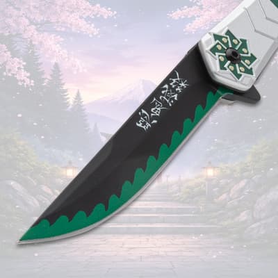 Close-up of knife blade with green accents and symbols