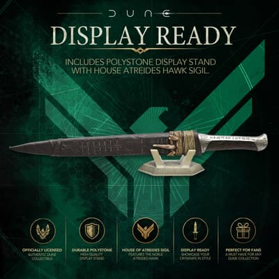 Display-ready crysknife with polystone stand and Atreides sigil