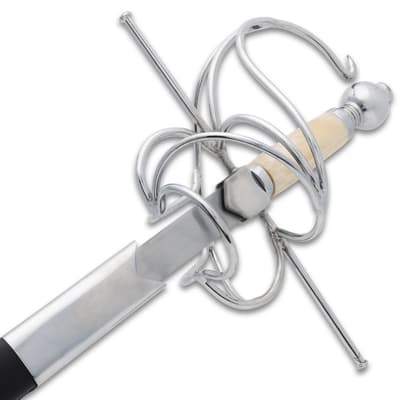 Close-up of rapier's intricate basket hilt