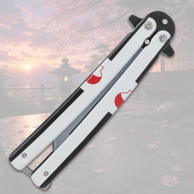 Closed butterfly knife with red design on handle