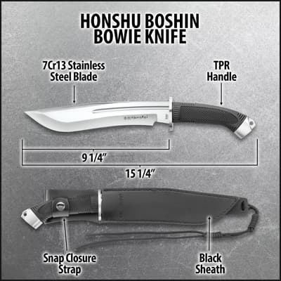Diagram of Honshu Boshin Bowie Knife with specifications
