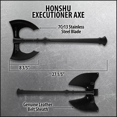 Diagram of a black executioner axe with measurements