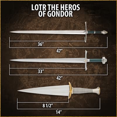 Swords and dagger with dimensions labeled, titled 'LOTR The Heros of Gondor'