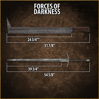 Two swords with measurements labeled 'Forces of Darkness'