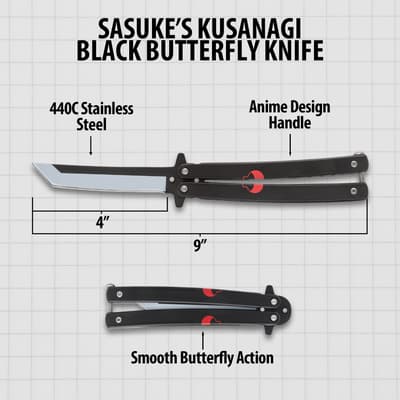 Diagram of black butterfly knife with measurements and features
