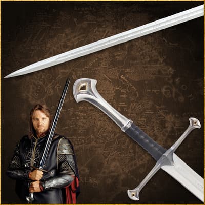 Close-up of a sword with a character holding it against a map background