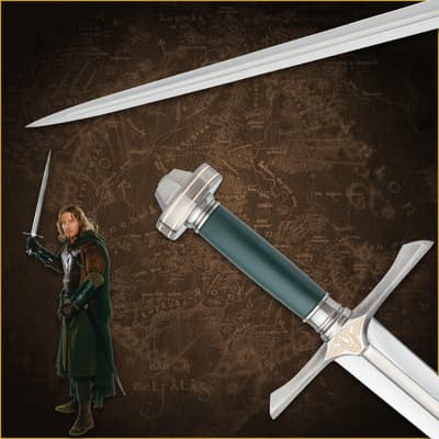 Close-up of a sword with a character holding it