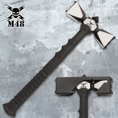 Double-headed war hammer with sheath on a textured surface