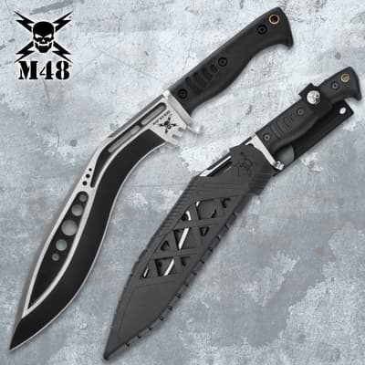 Tactical kukri knife with sheath on textured background