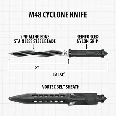 M48 Cyclone Knife with spiraling blade, nylon grip, and sheath