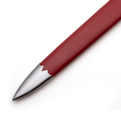 Tip of a red leather scabbard with metal end