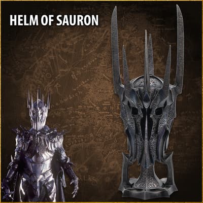 Helm of Sauron with character in armor on map background