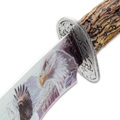 Close-up of Outlaw Bowie knife showing eagle artwork on blade and etched metal guard with antler-style handle