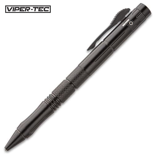 Black OTF Tactical Pen - Stainless Steel Blade, Metal Alloy Construction, Safety Feature, Pocket Clip - Length 6”