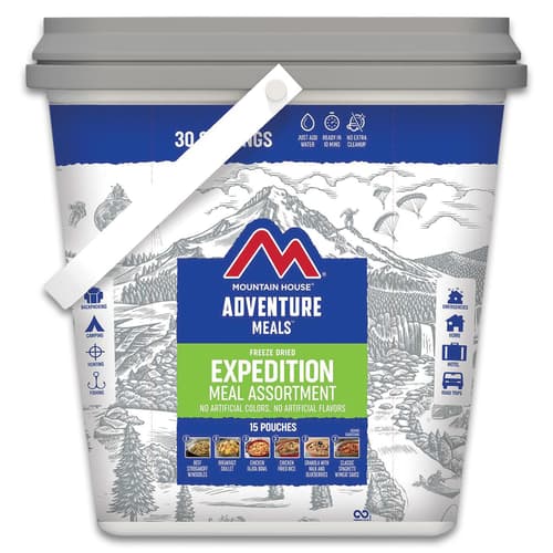 The Mountain House Expedition Meal Assortment comes in a bucket with a handle