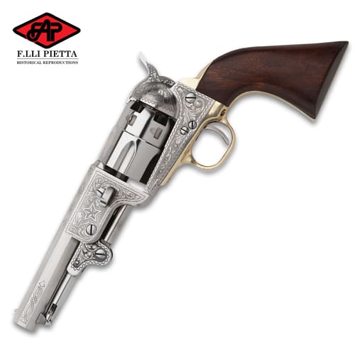 1851 Navy US Marshal Black Powder Pistol - .44 Caliber, Engraved Polished Steel Frame, Walnut Grip - Barrel Length 5 1/2”