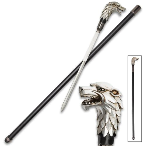 Antique Wolf Head Sword Cane - Stainless Steel Blade, Cold Cast Resin Handle, Aluminum Shaft, Rubber Toe - Length 36 1/4”