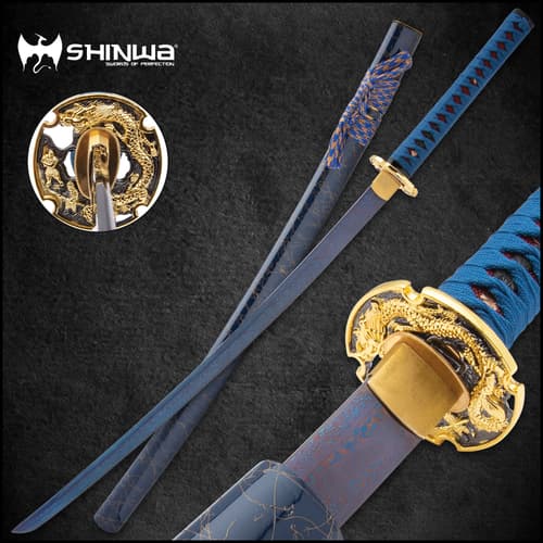 Handmade sword showcased in different angles display the blue damascus steel with genuine red rayskin handle with wood stand