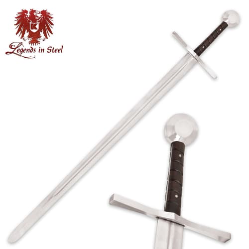 Legends in Steel Crusader Sword has a 34” high carbon steel blade and brown wooden grip with grooves.