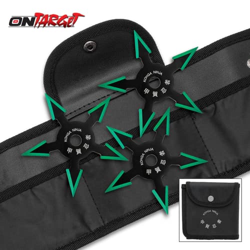 Full image of the On Target Emerald Shadow Throwing Star Trio and sheath.