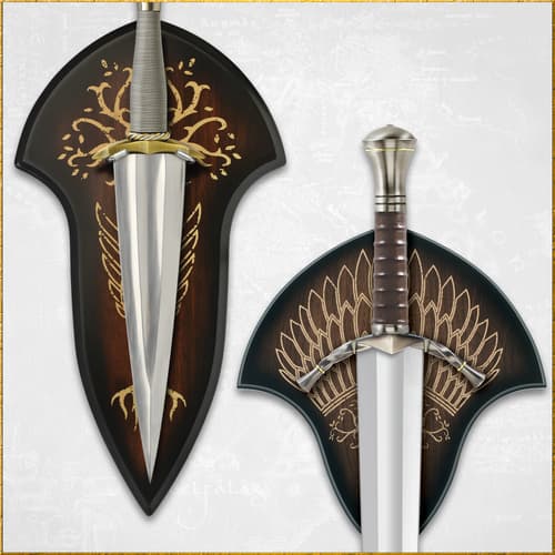 The sword and dagger of Boromir on their included display mounts.