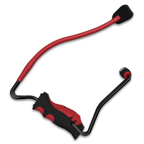 Side view of the Barnett Black Widow Hunter with knurled grip, folding wrist brace, and red speed band.