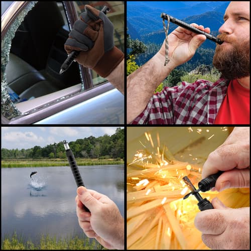 Different uses for the survival stick are shown including a glass breaker, an alert whistle, a fishing stick and firestarter.