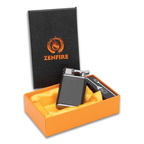 Full image of Double Arc USB Rechargeable Lighter propped up in its case.