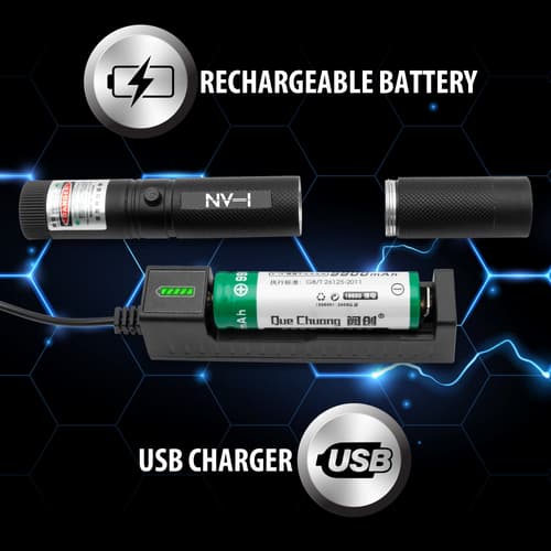 Full image showing the rechargeable battery and USB charging capability of the Green Laser Pointer.