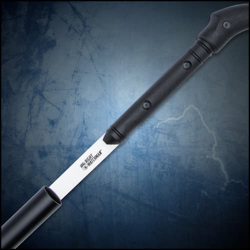 The blade is housed inside a black, hard-coated aluminum shaft that can be used as a striking weapon during an attack