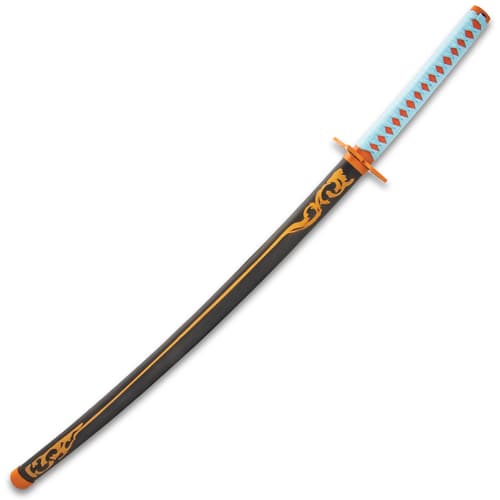 The 40 1/2” fantasy sword slides smoothly into a black wooden scabbard with painted gold decoration and orange metal accents