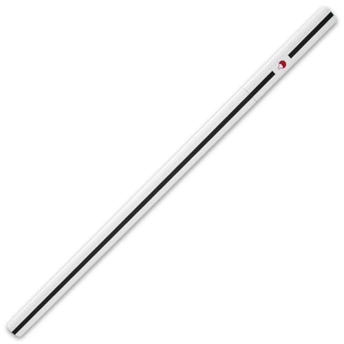 The wooden handle is painted white with a black stripe running its length and a red accent, and it slides seamlessly into its wooden scabbard