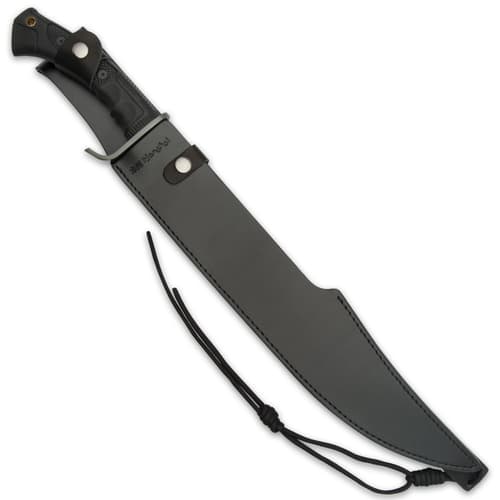 The 23” overall length razor-sharp knife snaps securely into its heavy-duty leather belt sheath for secure storage and carry